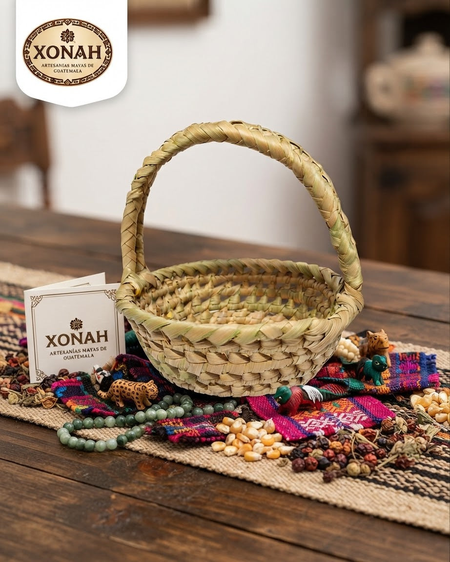 Mini Canasta con Asa Artesanal de Palma Tejida a Mano(Chiquiwit) (Chakach) – | Decoración de Interiores y Usos Múltiples | Artesanía Maya Poqomchí de Guatemala 🇬🇹